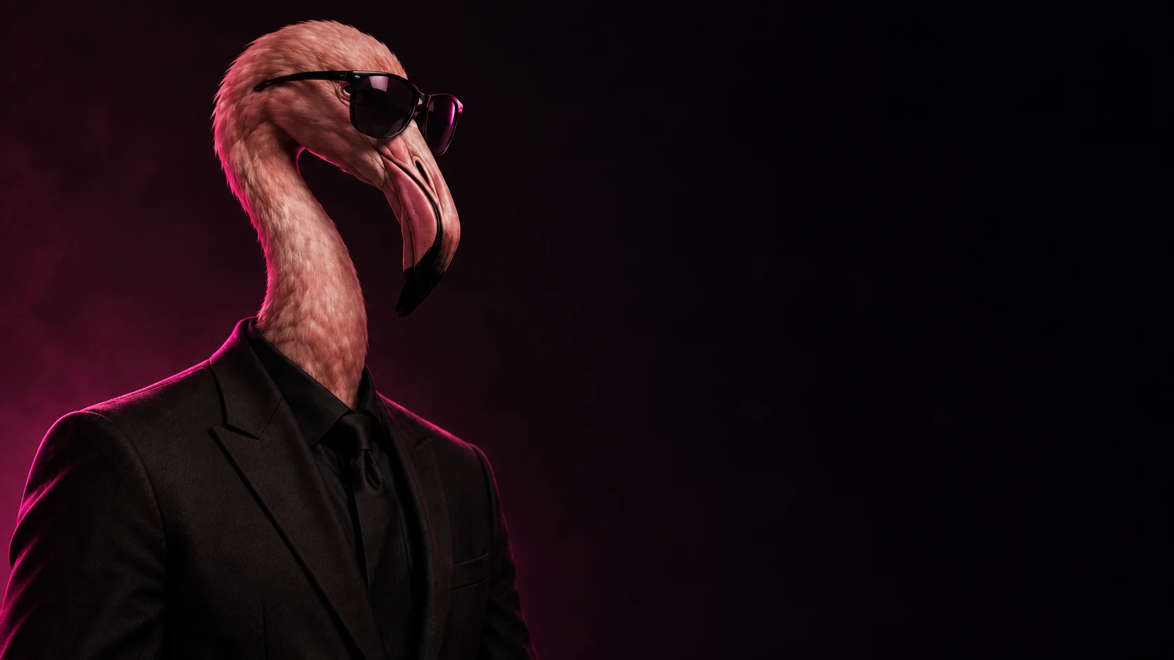 Retrato del pelícano con lentes oscuros y traje negro, iluminado en fucsia.