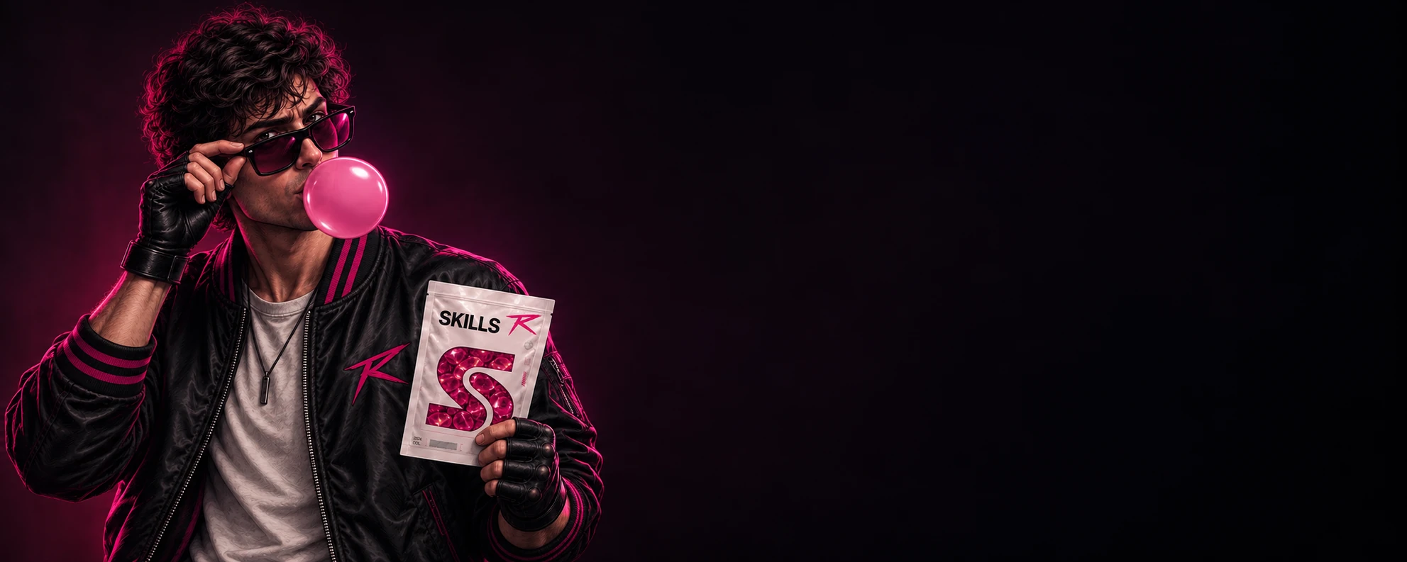 Personaje principal de Revolt con el packaging SKILLS en la mano