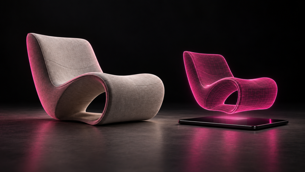 Un sillón físico junto a su representación digital sobre una tableta, en una composición minimalista.