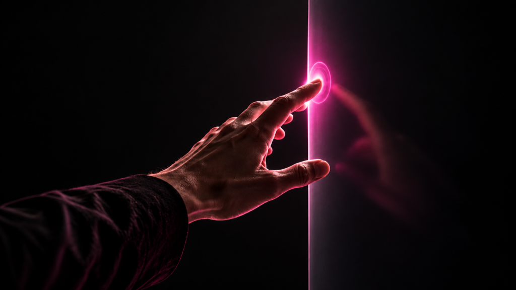 Una mano toca una superficie digital con una respuesta sutil en fucsia, sobre fondo negro.