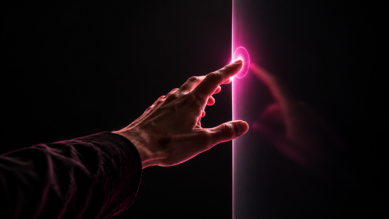 Una mano toca una superficie digital con una respuesta sutil en fucsia, sobre fondo negro.